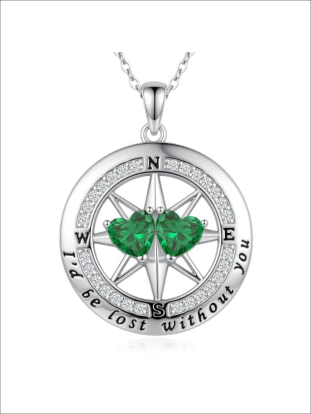 Compass Pendant Necklace White Gold Plated Birthstone Jewelry Gift